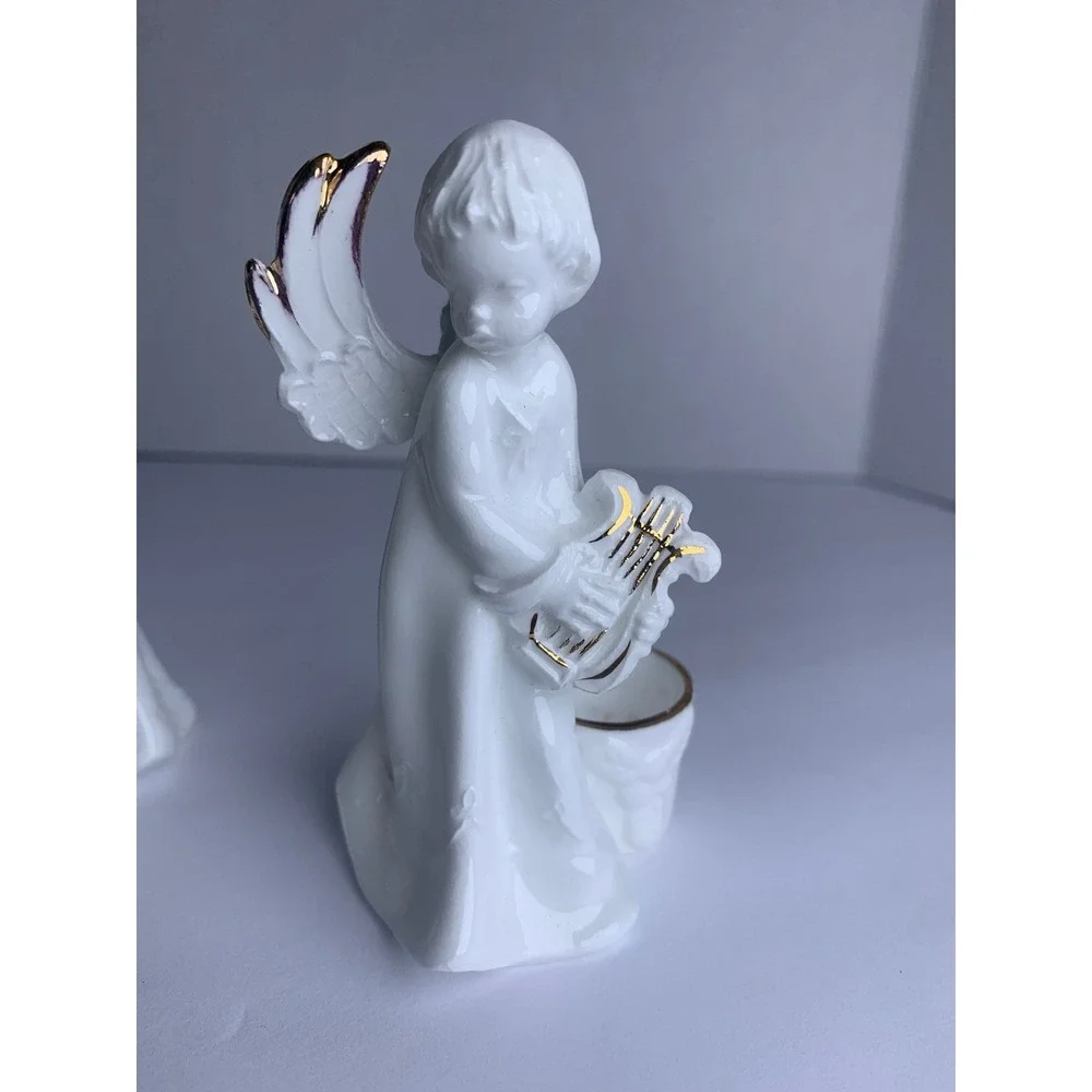Vintage Bone China Angel‎ Candle Holders Gold Trim Cherub Musicians Set of 2